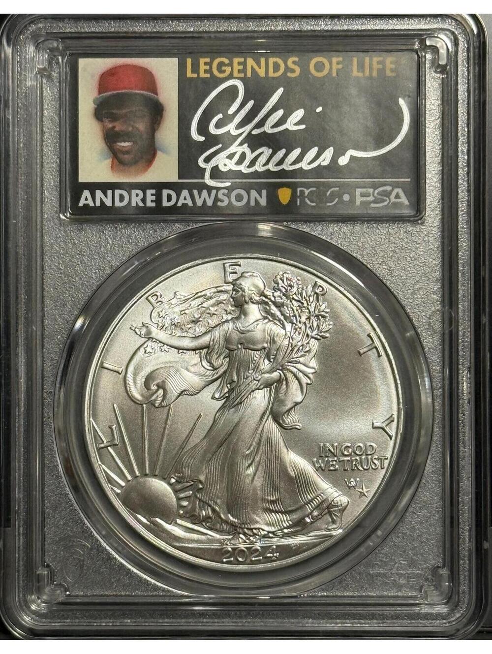 2024 P Silver Eagle Star Privy • Andre Dawson Signed • Graded PSA PCGS MS70
